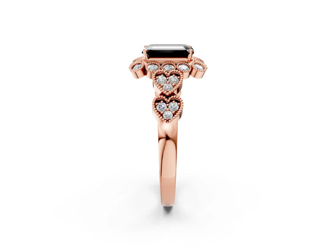 Rose gold Fancy Black Emerald Cut Brilliant Milgrain Pave Heart Band Solitaire Ring_2