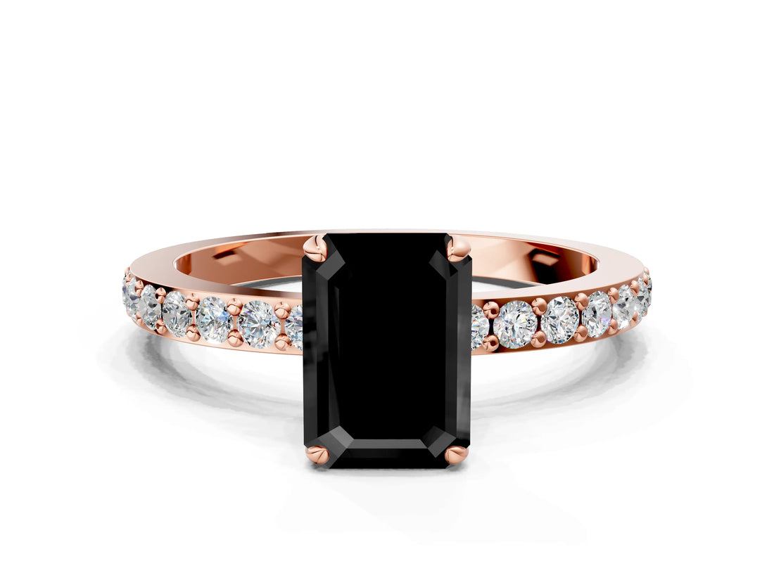 Rose gold Fancy Black Emerald Cut Brilliant Pavé Band Solitaire with Four-Prong Setting
