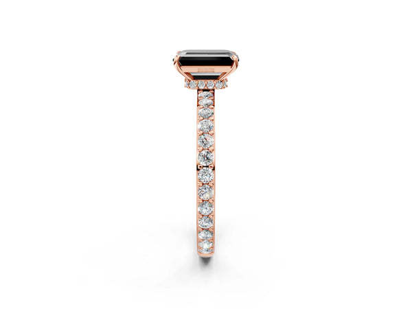 Rose Gold Emerald Cut Hidden Halo Solitaire Engagement Ring Setting for Black Center with Pave Band