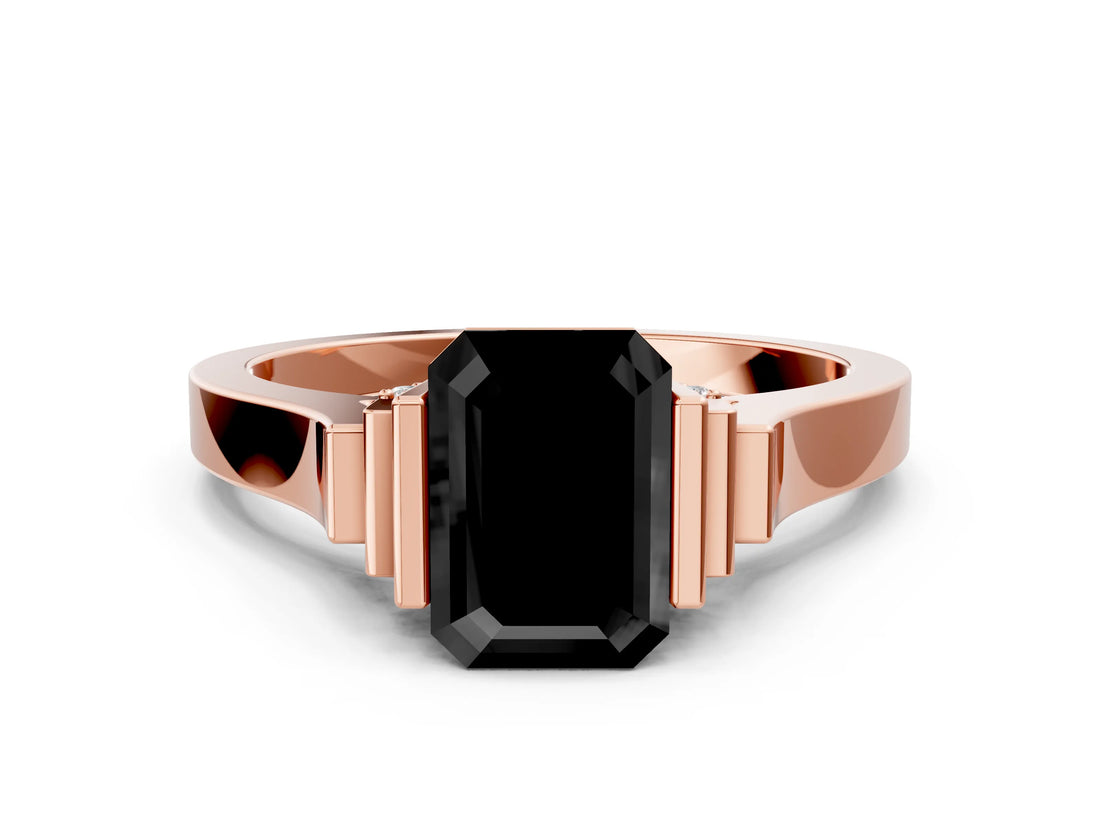 Rose gold Fancy Black Emerald Cut Brilliant Solitaire Diamond Ring with Channel Set Band and Bar Prong Setting