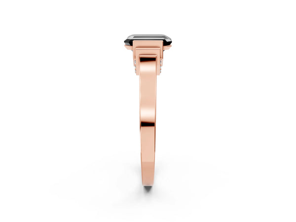 Rose gold Fancy Black Emerald Cut Brilliant Solitaire Diamond Ring with Channel Set Band and Bar Prong Setting