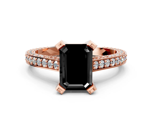 Rose gold Fancy Black Emerald Cut Brilliant Split Shank Pave Solitaire Ring with Four-Prong Setting