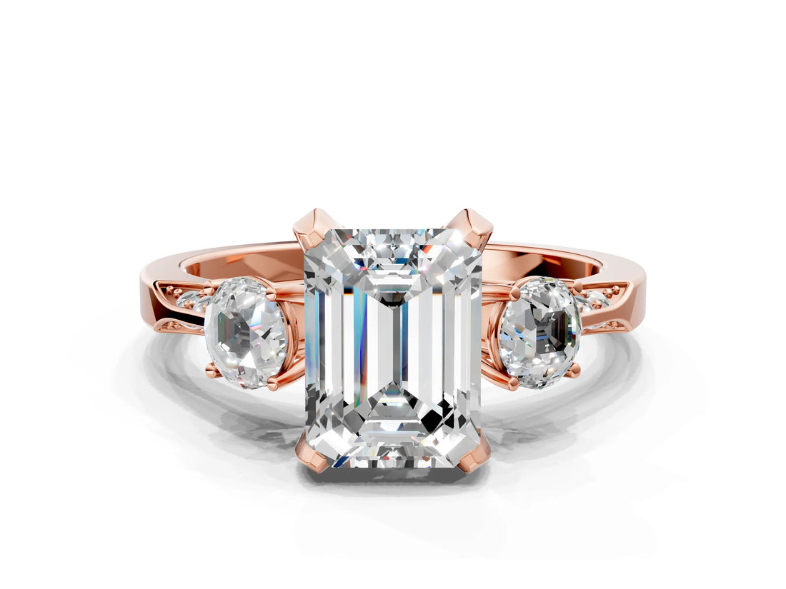 Rose gold Fancy Black Emerald Cut Brilliant Three-Stone Diamond Ring with Pavé Band and Four-Prong Setting_3
