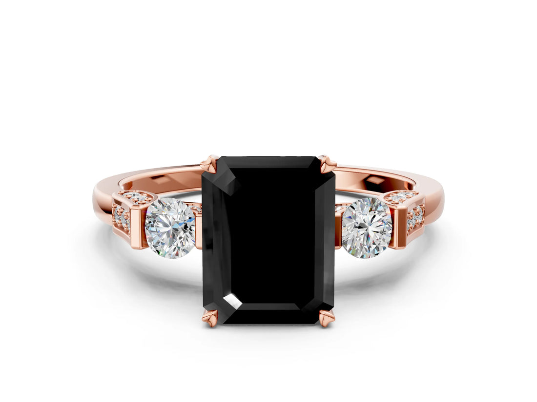 Rose gold Fancy Black Emerald Cut Brilliant Three-Stone Pave Band with Four-Prong Setting