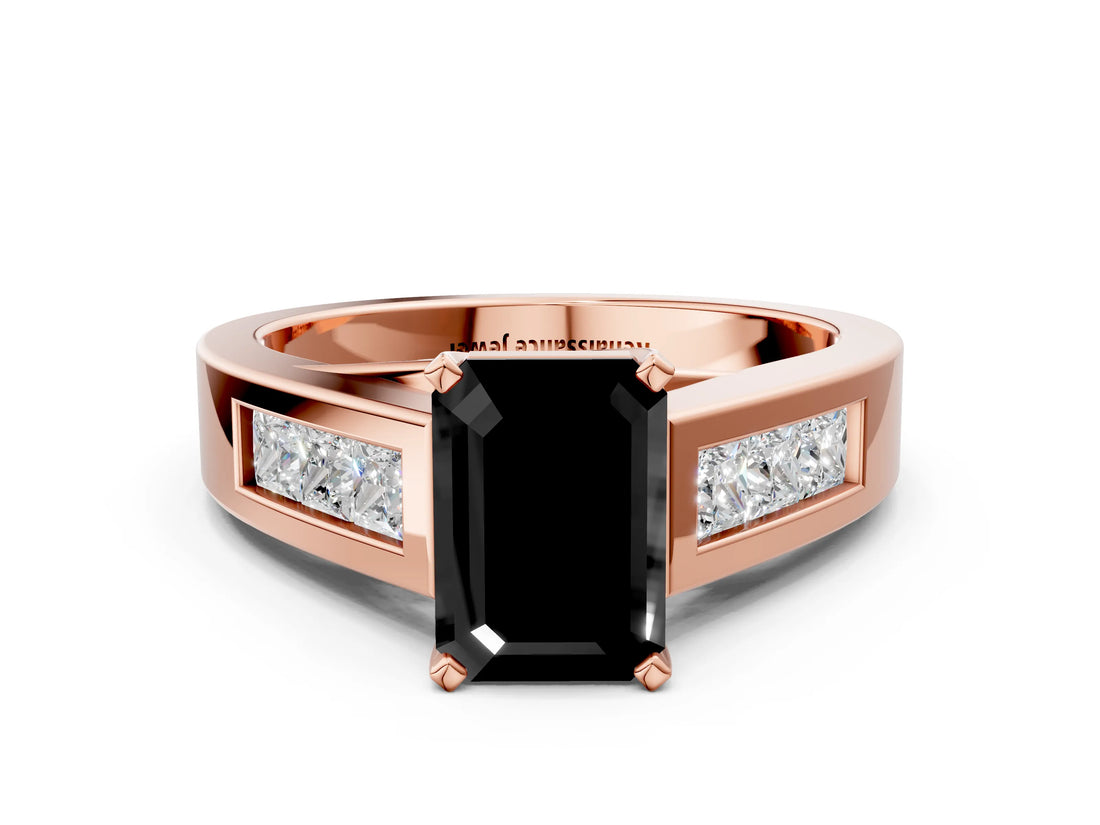 Rose gold Fancy Black Emerald Cut Cut Channel Set Solitaire Ring with Four-Prong Setting