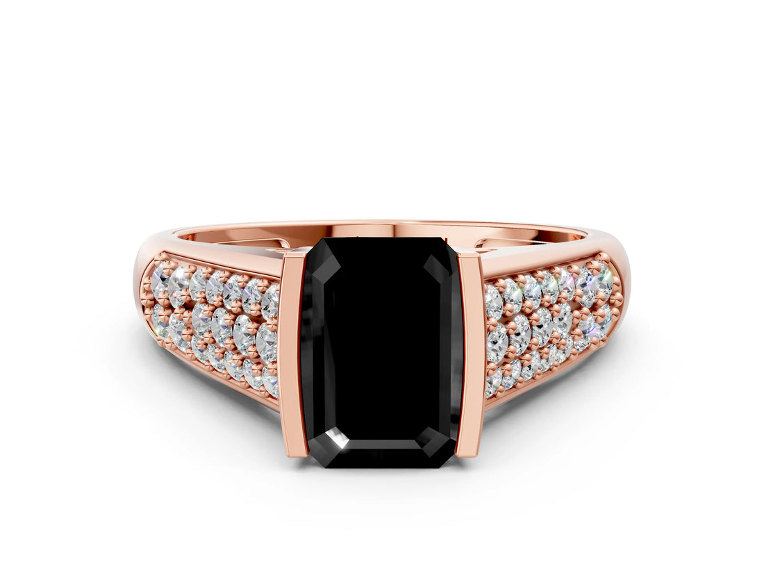 Rose gold Fancy Black Emerald Cut Cut Diamond Channel Set Pave Band with Tension Prong Setting