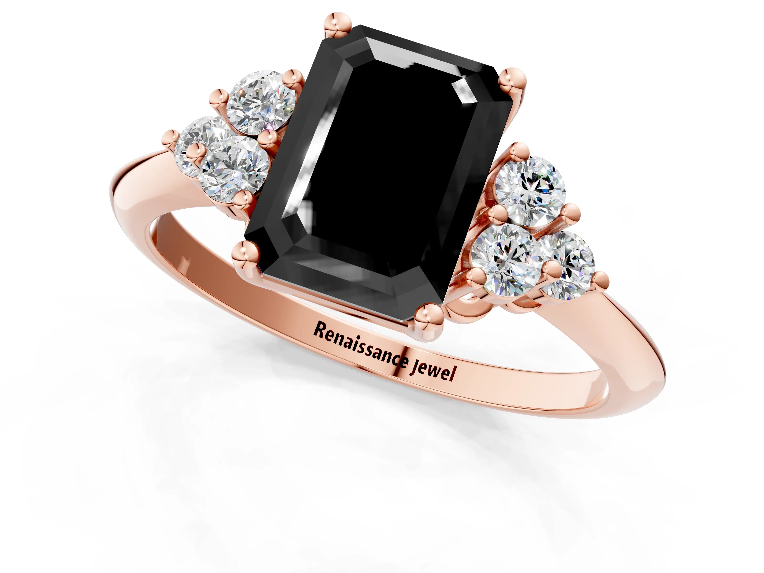 Rose gold Fancy Black Emerald Cut Cut Diamond Cluster Ring with Solitaire Band and Four-Prong Setting_13