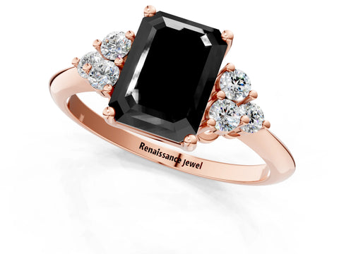 Rose gold Fancy Black Emerald Cut Cut Diamond Cluster Ring with Solitaire Band and Four-Prong Setting_13