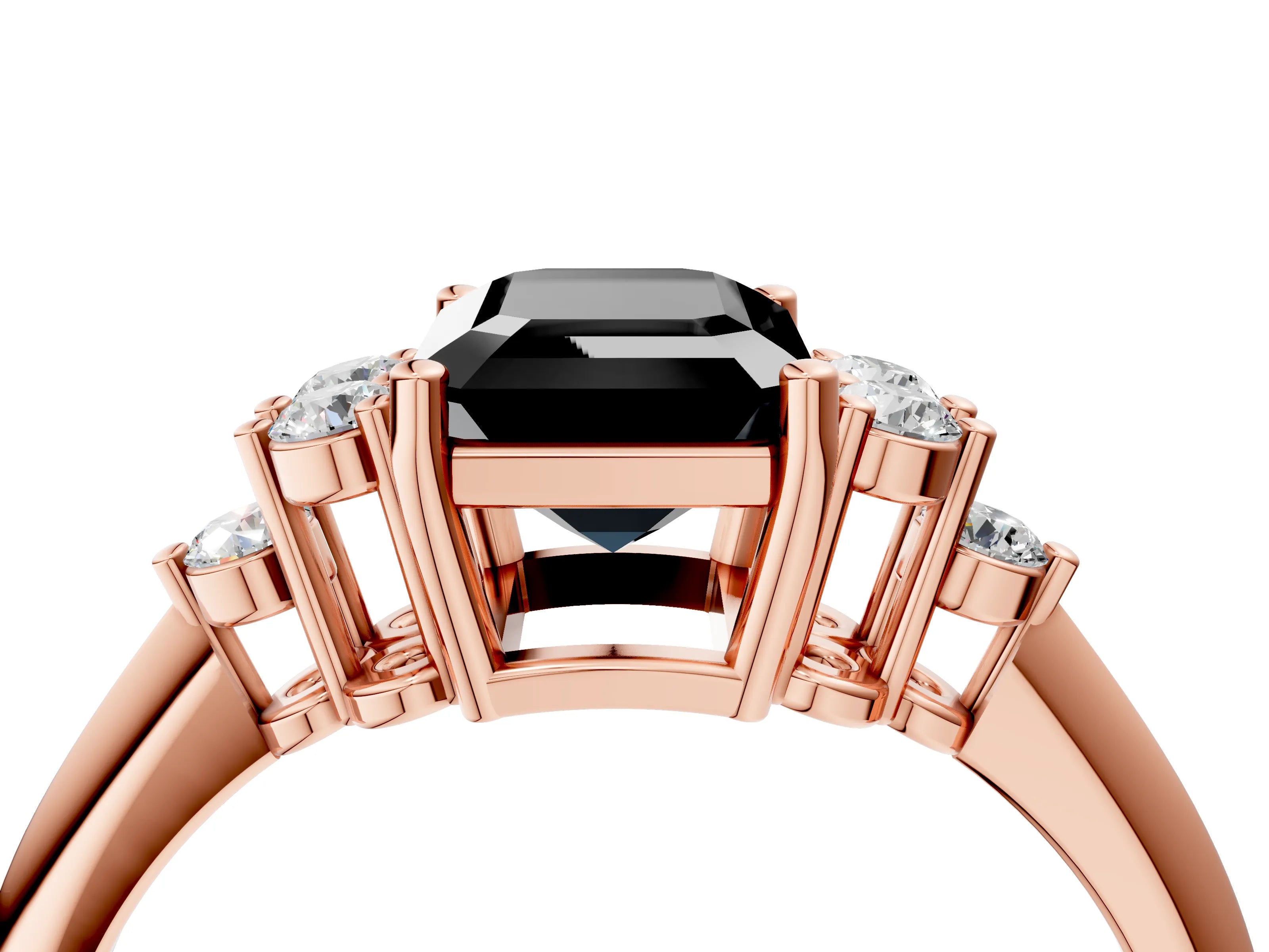 Rose gold Fancy Black Emerald Cut Cut Diamond Cluster Ring with Solitaire Band and Four-Prong Setting_16