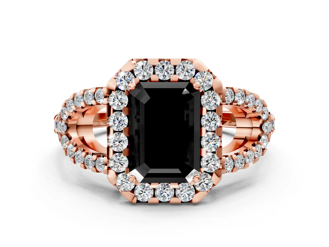 Rose gold Fancy Black Emerald Cut Cut Diamond Halo Engagement Ring with Open Split Pavé Band