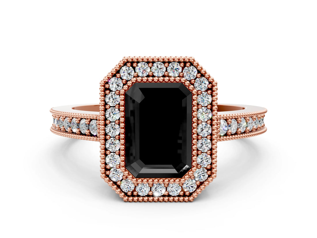 Rose gold Fancy Black Emerald Cut-Cut Diamond Halo Engagement Ring with Pave Band and Prong Setting