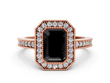 Rose gold Fancy Black Emerald Cut-Cut Diamond Halo Engagement Ring with Pave Band and Prong Setting