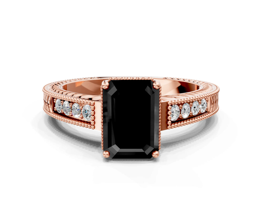 Rose gold Fancy Black Emerald Cut Cut Diamond Milgrain Pave Band Four-Prong Setting Ring_3