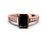 Rose gold Fancy Black Emerald Cut Cut Diamond Milgrain Pave Band Four-Prong Setting Ring_3