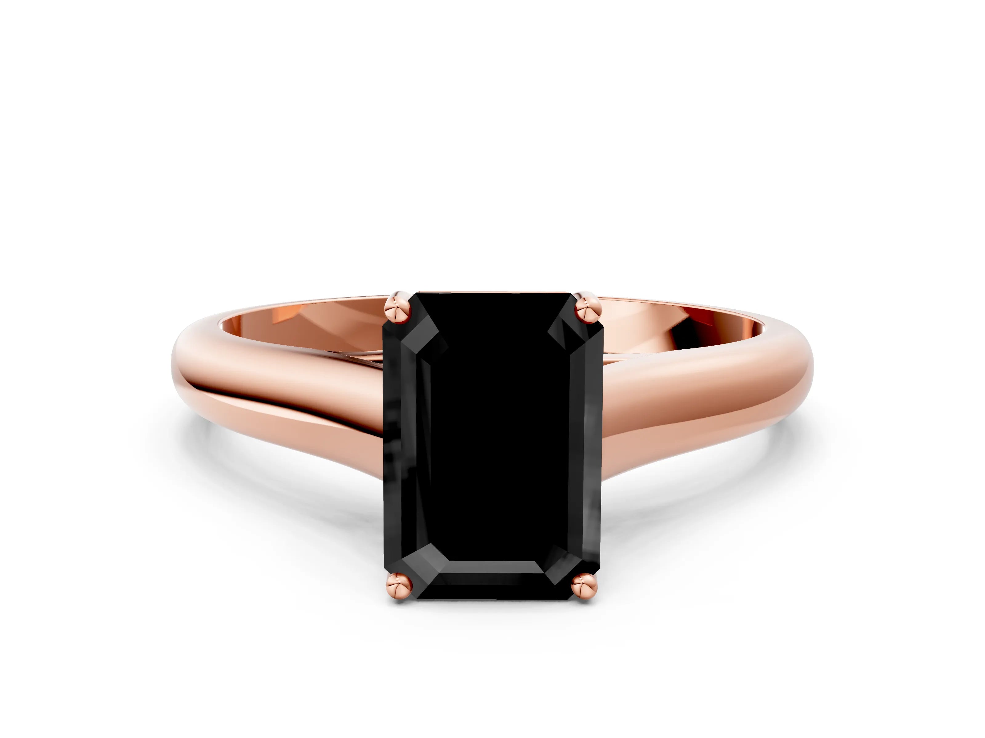 Rose gold Fancy Black Emerald Cut Cut Diamond Solitaire Engagement Ring with Tapered Plain Band and Four-Prong Setting
