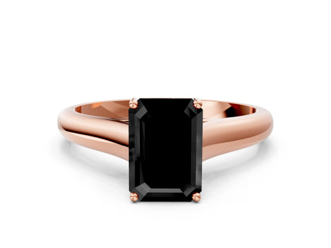 Rose gold Fancy Black Emerald Cut Cut Diamond Solitaire Engagement Ring with Tapered Plain Band and Four-Prong Setting
