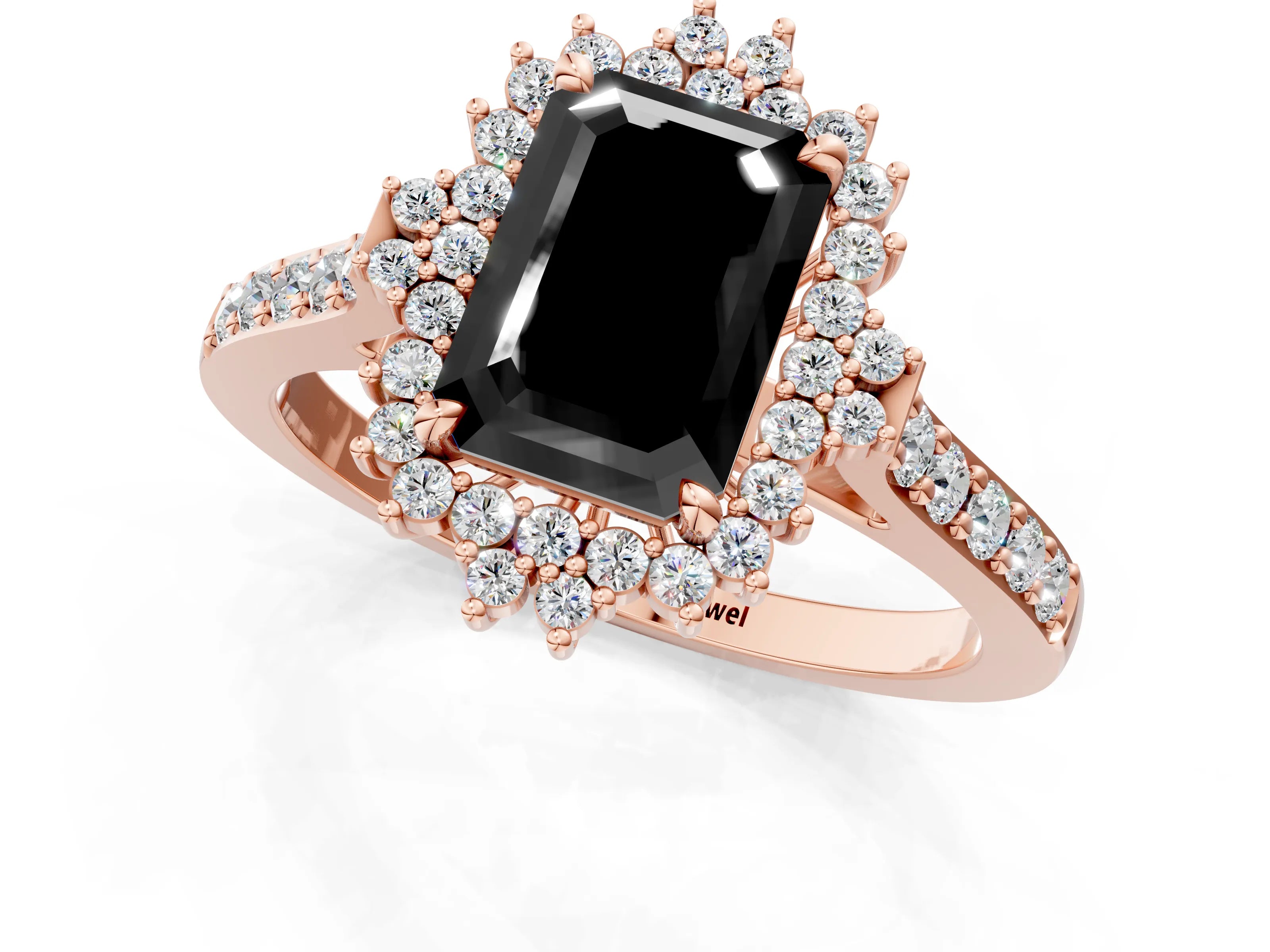 Rose gold Fancy Black Emerald Cut Cut Diamond Sunburst Halo Engagement Ring with Pavé Band_1