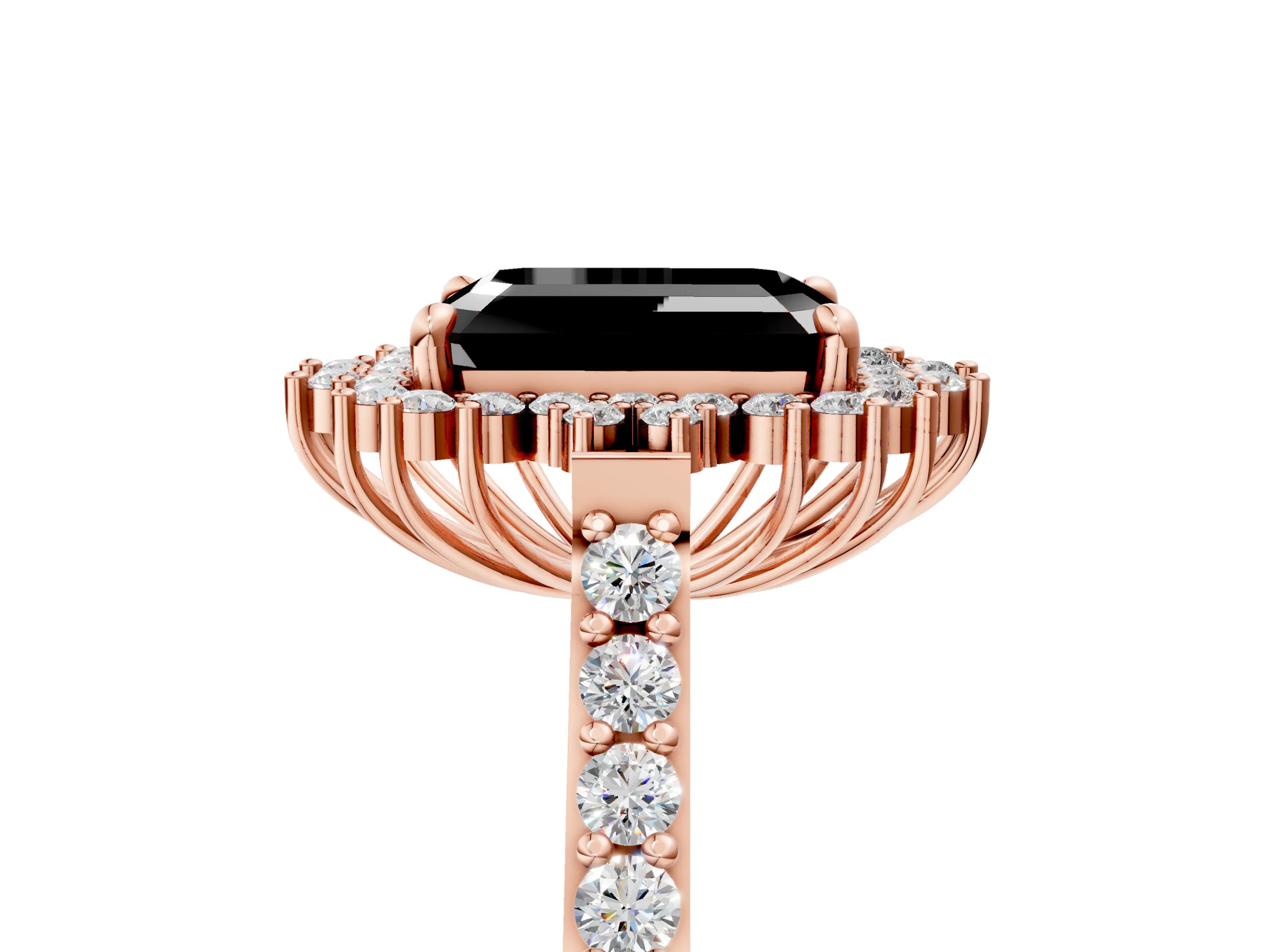 Rose gold Fancy Black Emerald Cut Cut Diamond Sunburst Halo Engagement Ring with Pavé Band_5