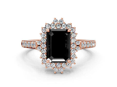 Rose gold Fancy Black Emerald Cut Cut Diamond Sunburst Halo Engagement Ring with Pavé Band
