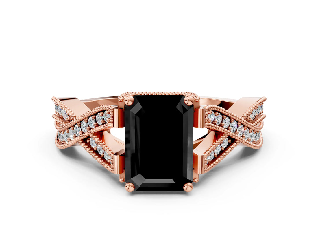 Rose gold Fancy Black Emerald Cut Cut Diamond Twisted Band with Milgrain Pave Setting and Four-Prong Setting
