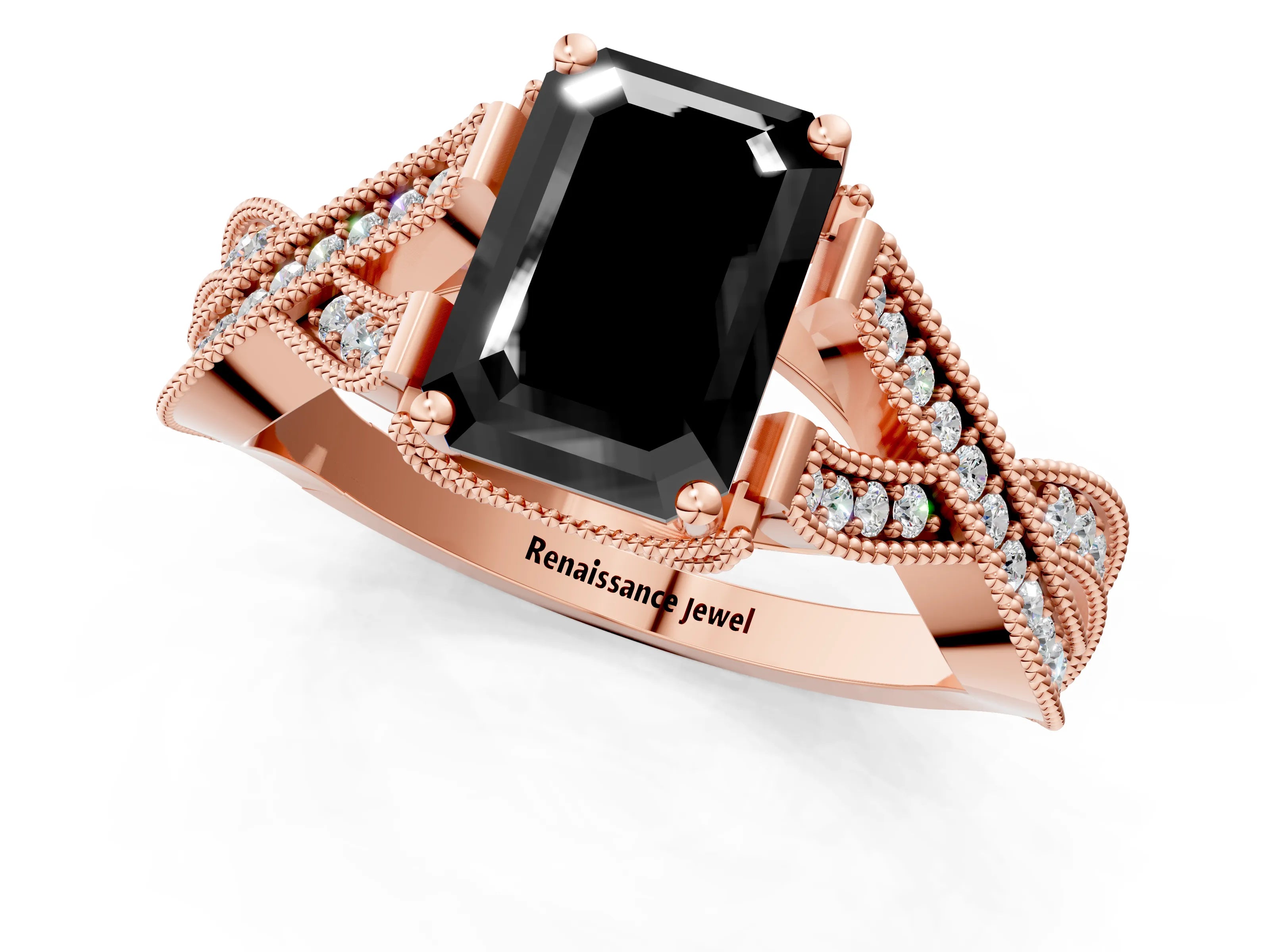 Rose gold Fancy Black Emerald Cut Cut Diamond Twisted Band with Milgrain Pave Setting and Four-Prong Setting_1