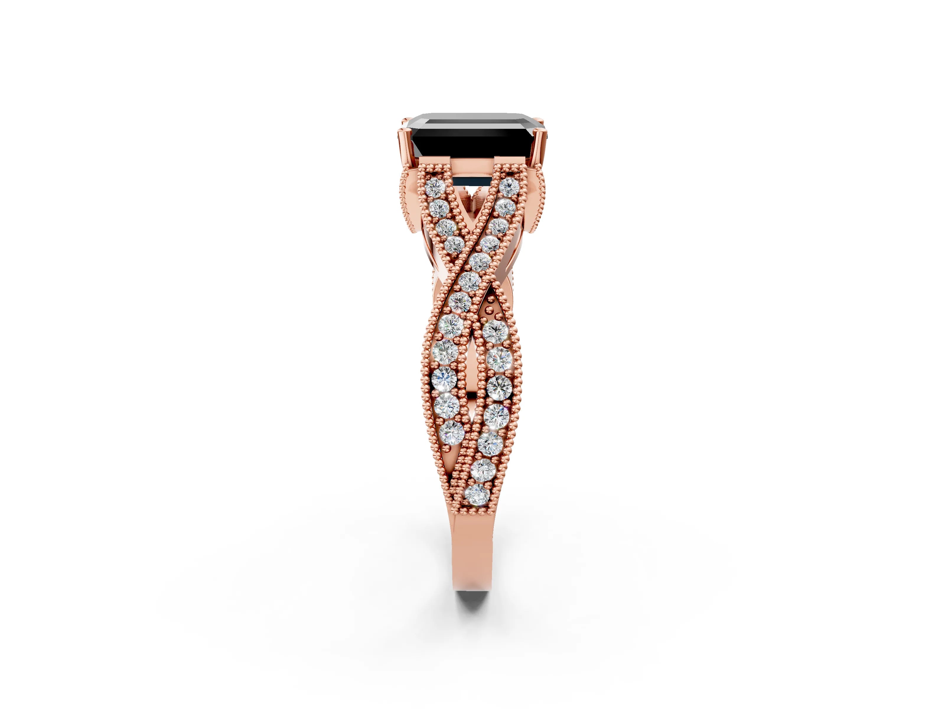 Rose gold Fancy Black Emerald Cut Cut Diamond Twisted Band with Milgrain Pave Setting and Four-Prong Setting_2