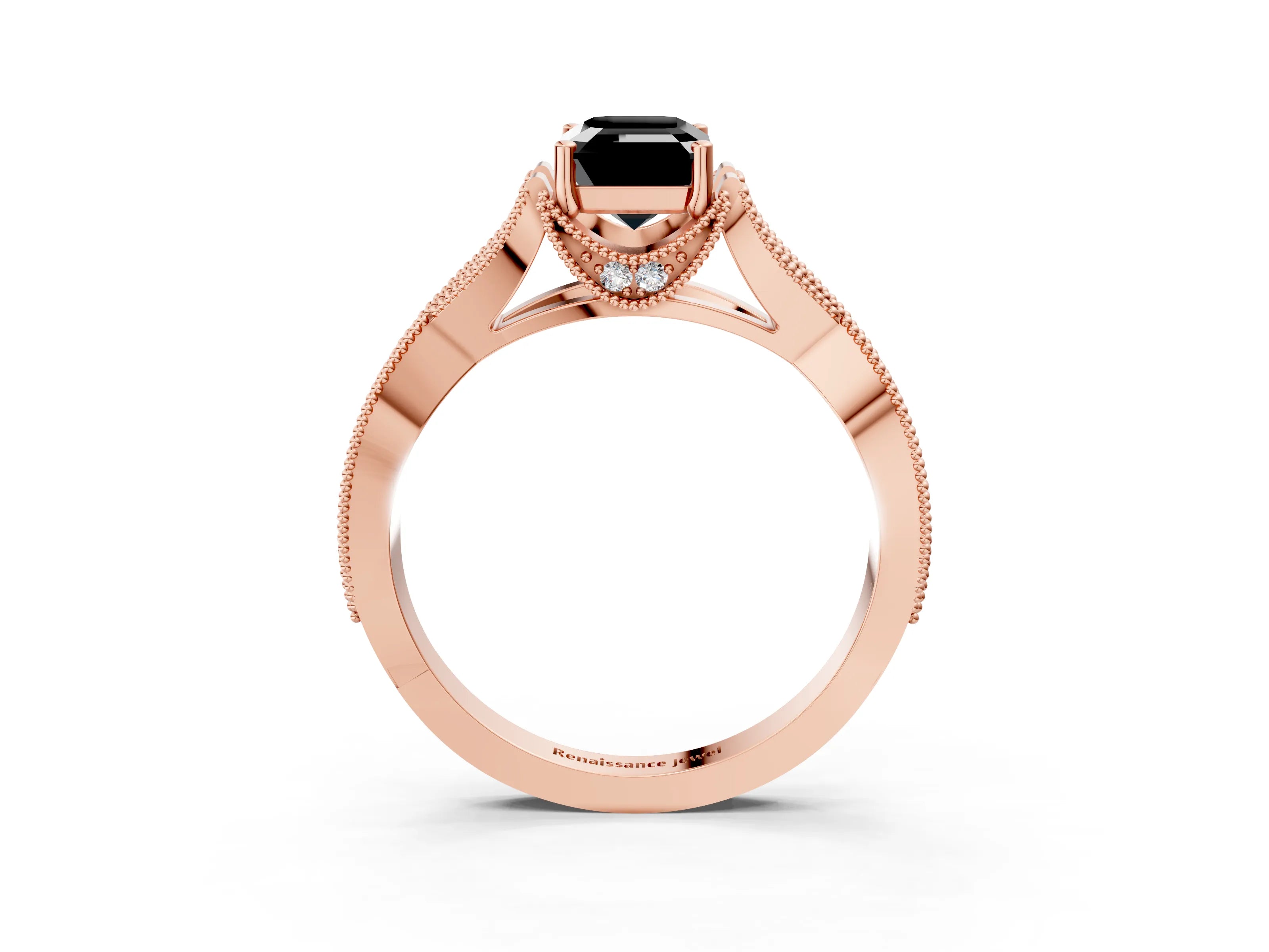 Rose gold Fancy Black Emerald Cut Cut Diamond Twisted Band with Milgrain Pave Setting and Four-Prong Setting_3