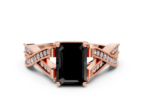 Rose gold Fancy Black Emerald Cut Cut Diamond Twisted Band with Milgrain Pave Setting and Four-Prong Setting