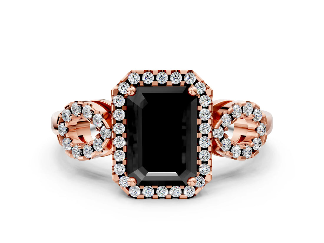 Rose gold Fancy Black Emerald Cut Cut Halo Diamond Infinity Band with Four-Prong Setting