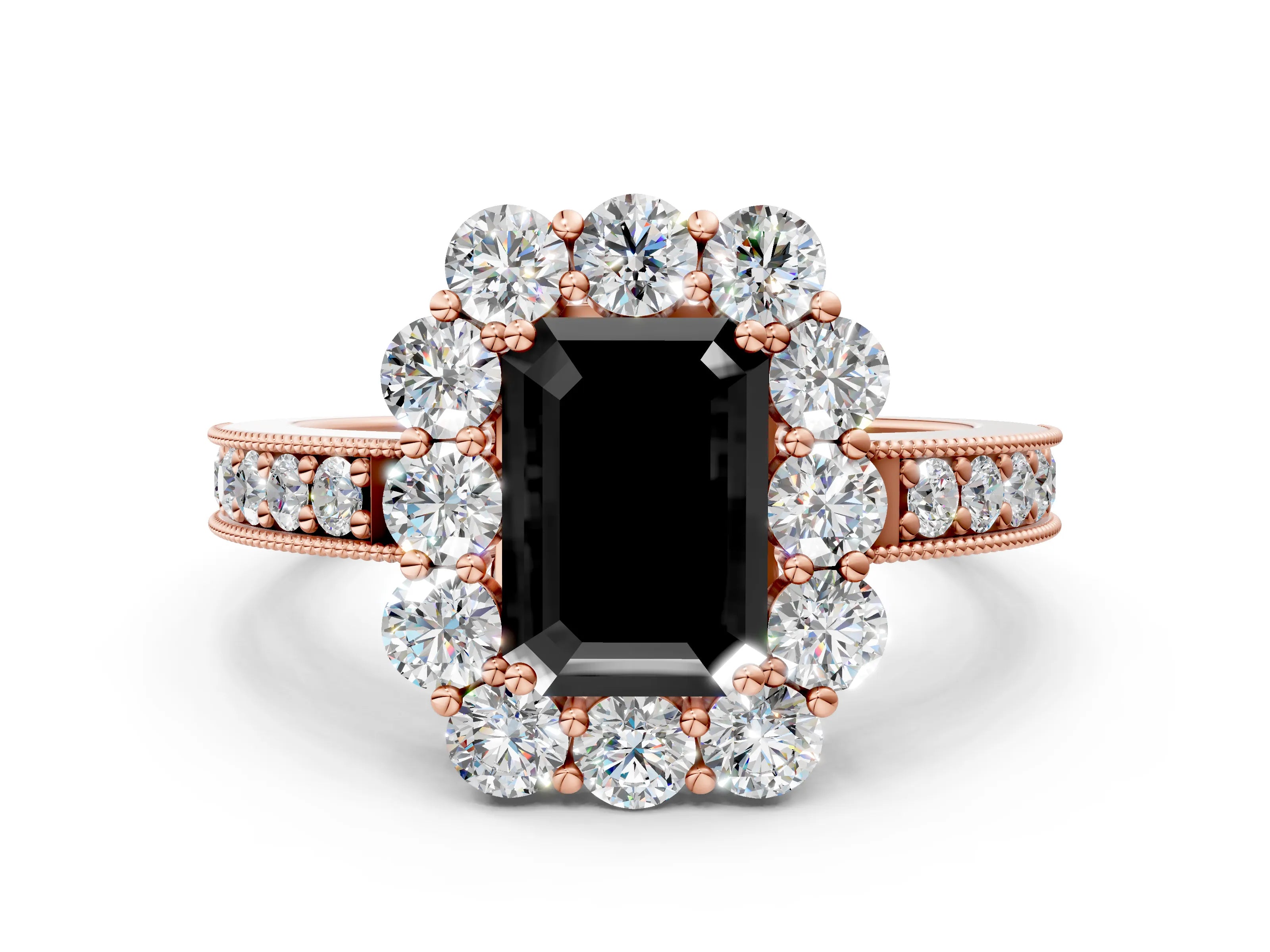 Rose gold Fancy Black Emerald Cut Cut Halo Diamond Pavé Engagement Ring with Milgrain Detailing