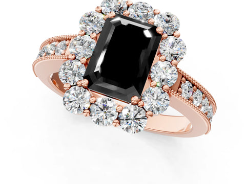 Rose gold Fancy Black Emerald Cut Cut Halo Diamond Pavé Engagement Ring with Milgrain Detailing_1