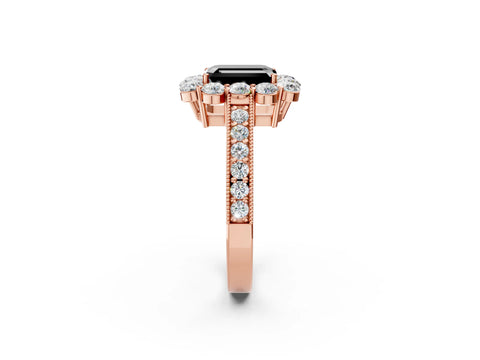 Rose gold Fancy Black Emerald Cut Cut Halo Diamond Pavé Engagement Ring with Milgrain Detailing_2