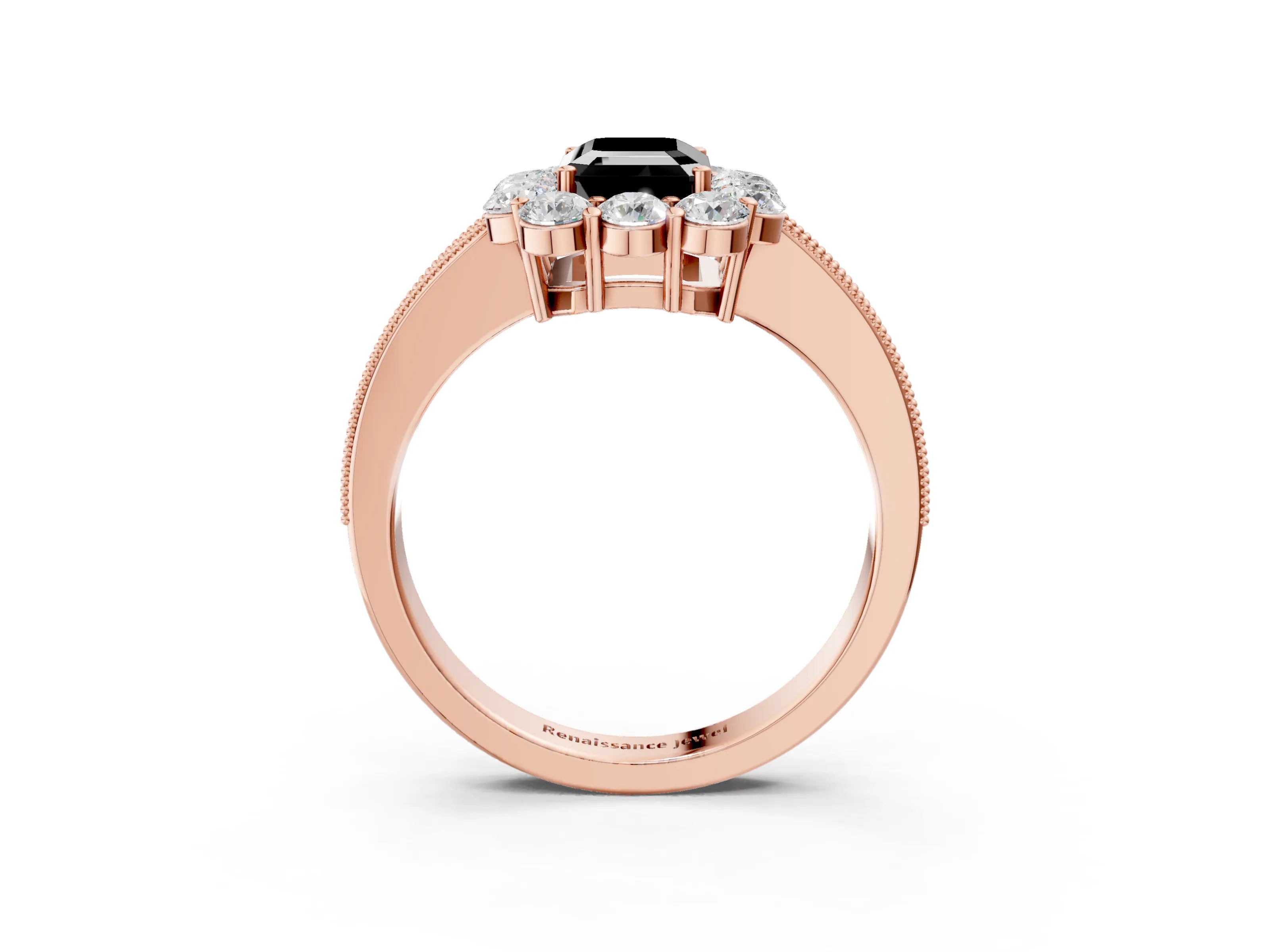 Rose gold Fancy Black Emerald Cut Cut Halo Diamond Pavé Engagement Ring with Milgrain Detailing_3