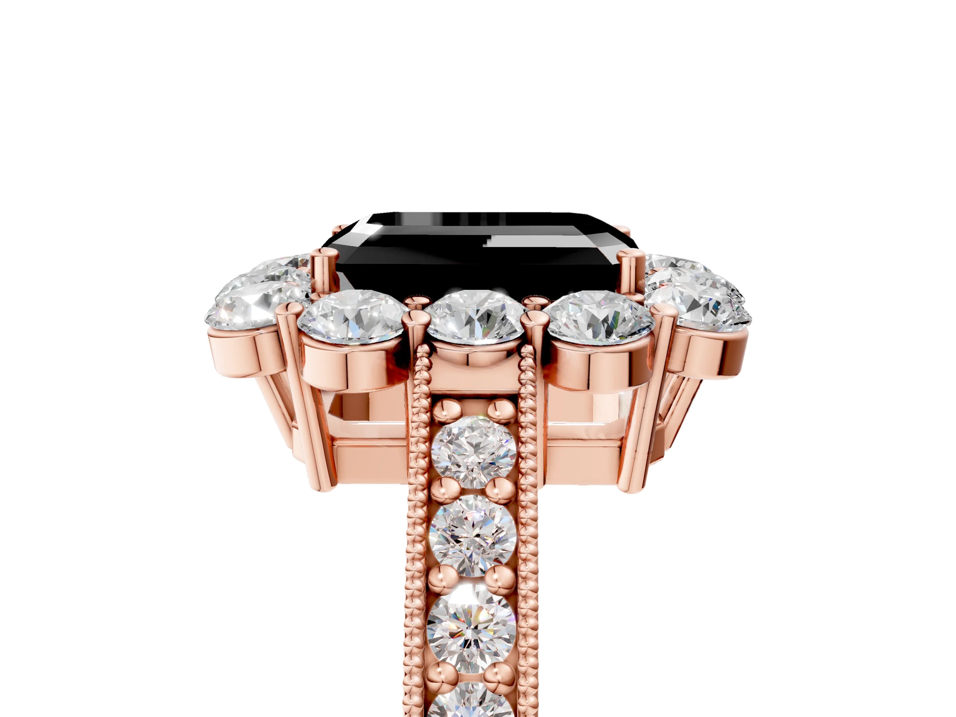 Rose gold Fancy Black Emerald Cut Cut Halo Diamond Pavé Engagement Ring with Milgrain Detailing_5