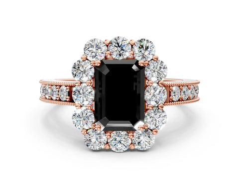 Rose gold Fancy Black Emerald Cut Cut Halo Diamond Pavé Engagement Ring with Milgrain Detailing