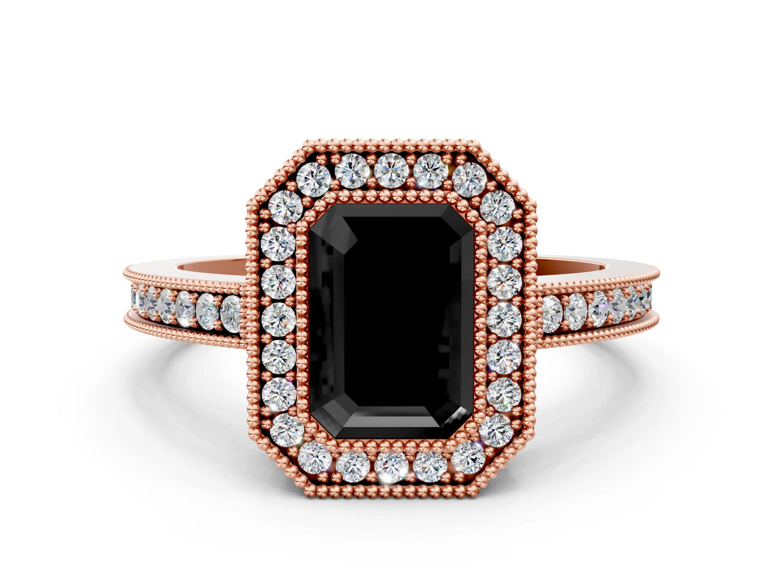 Rose gold Fancy Black Emerald Cut Cut Halo Pavé Diamond Ring