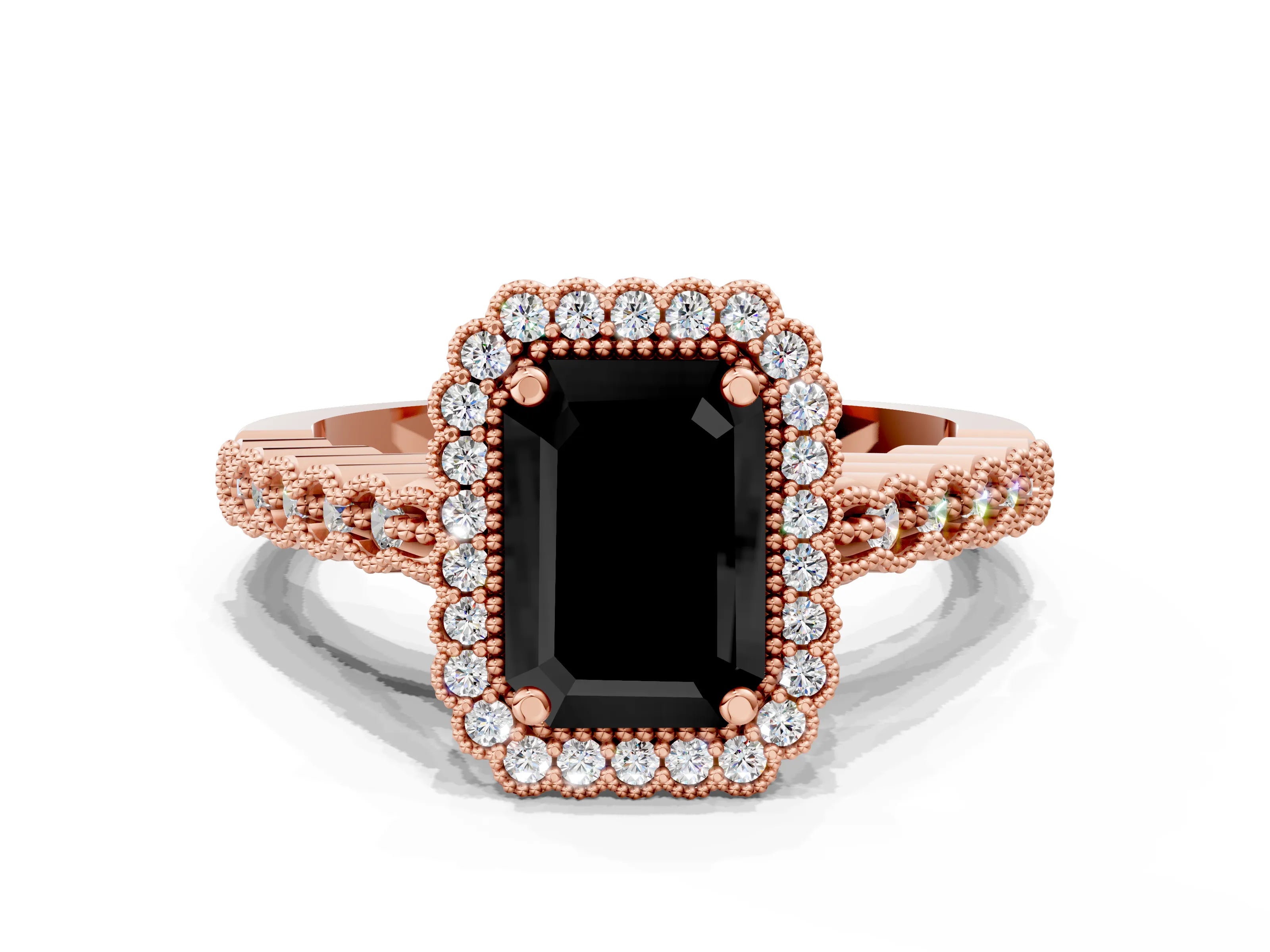 Rose gold Fancy Black Emerald Cut Cut Halo Pavé Solitaire Ring with Milgrain Band