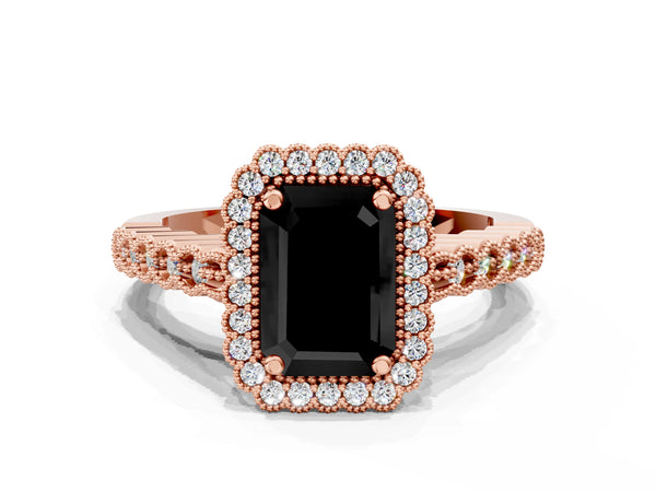 Rose gold Fancy Black Emerald Cut Cut Halo Pavé Solitaire Ring with Milgrain Band
