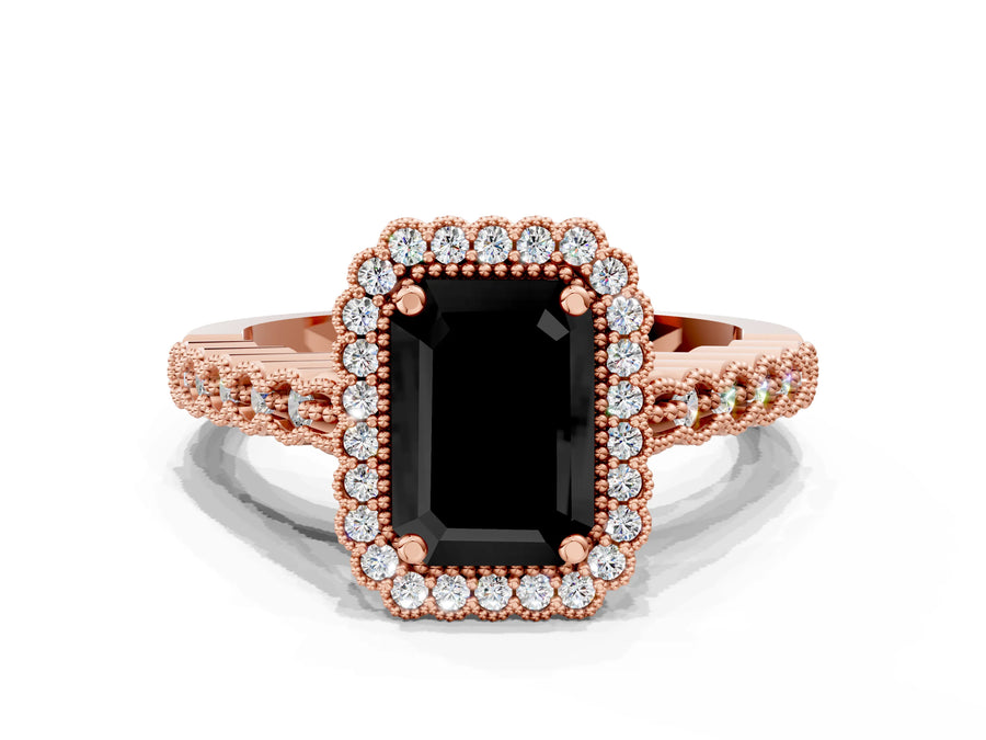 Rose gold Fancy Black Emerald Cut Cut Halo Pavé Solitaire Ring with Milgrain Band