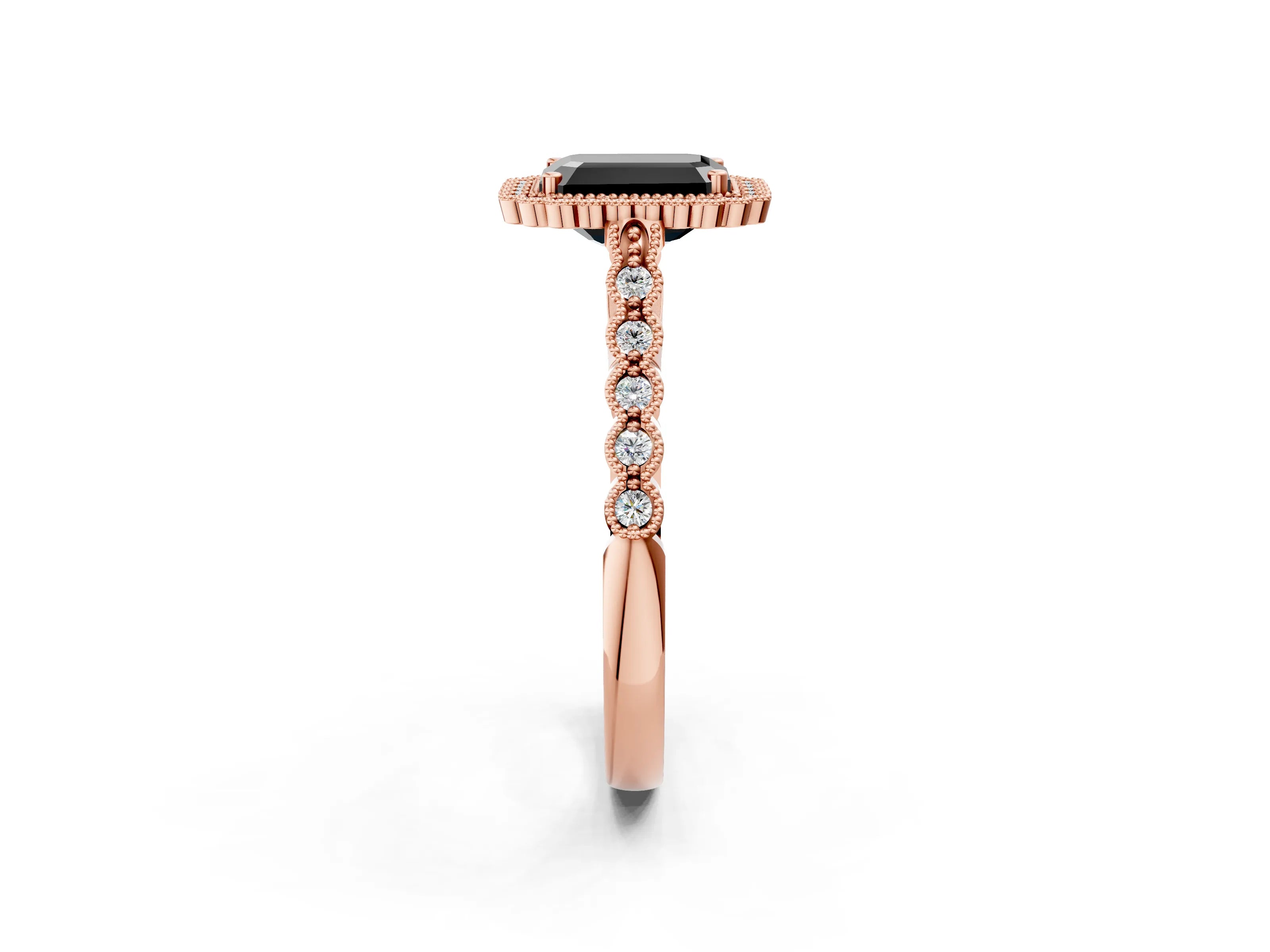 Rose gold Fancy Black Emerald Cut Cut Halo Pavé Solitaire Ring with Milgrain Band_2