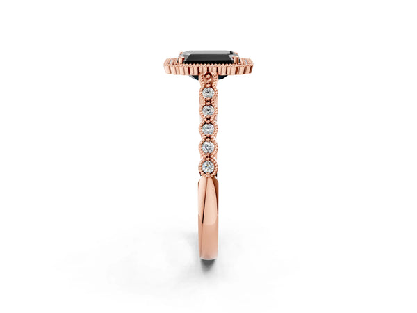 Rose gold Fancy Black Emerald Cut Cut Halo Pavé Solitaire Ring with Milgrain Band