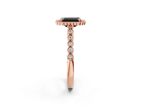 Rose gold Fancy Black Emerald Cut Cut Halo Pavé Solitaire Ring with Milgrain Band_2