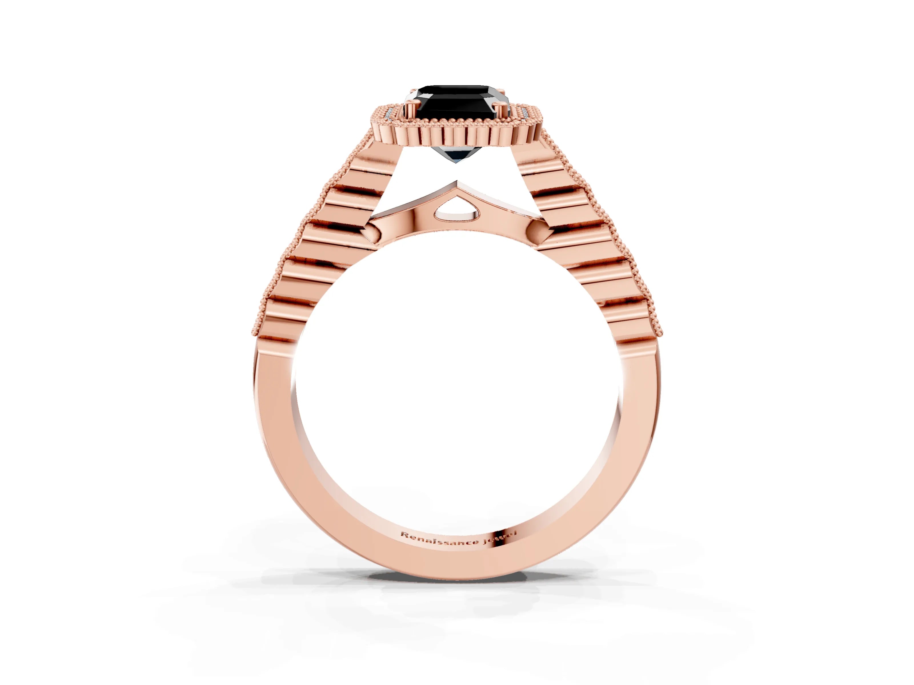 Rose gold Fancy Black Emerald Cut Cut Halo Pavé Solitaire Ring with Milgrain Band_3