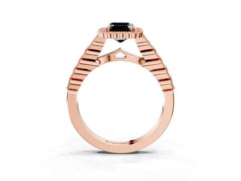 Rose gold Fancy Black Emerald Cut Cut Halo Pavé Solitaire Ring with Milgrain Band_3
