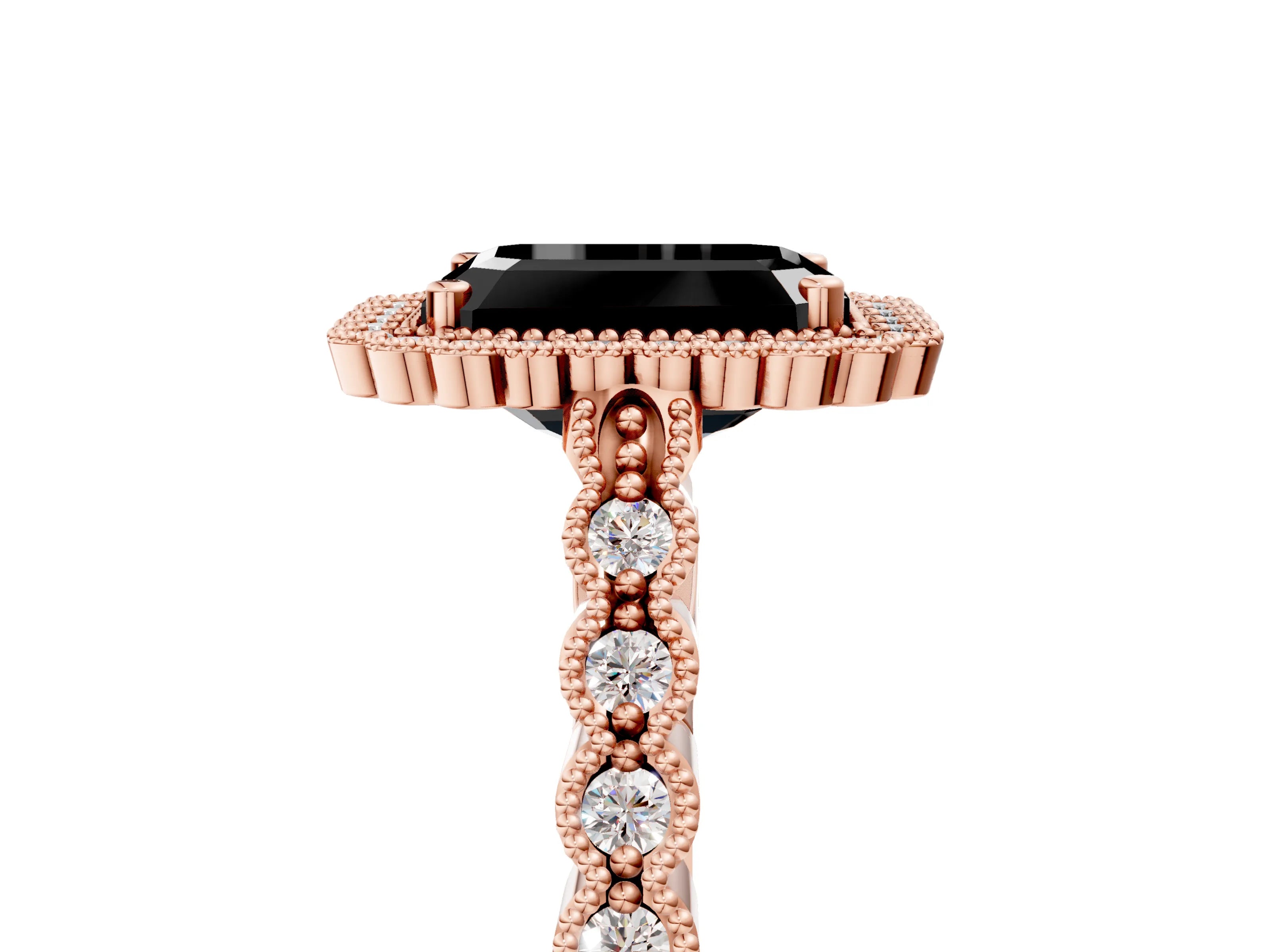 Rose gold Fancy Black Emerald Cut Cut Halo Pavé Solitaire Ring with Milgrain Band_5
