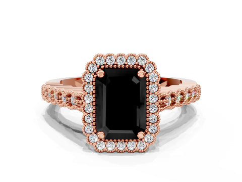 Rose gold Fancy Black Emerald Cut Cut Halo Pavé Solitaire Ring with Milgrain Band