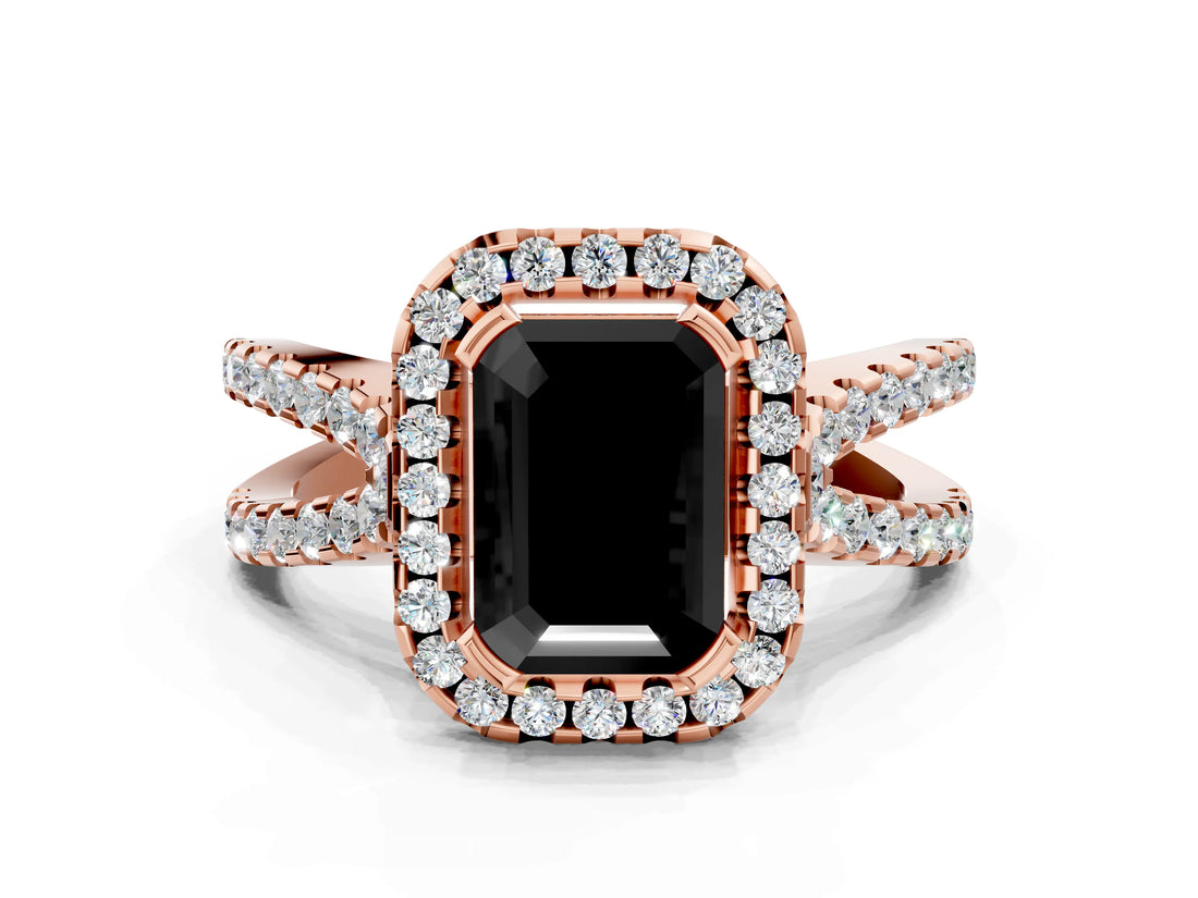Rose gold Fancy Black Emerald Cut Cut Halo Split Shank Pave Set Ring