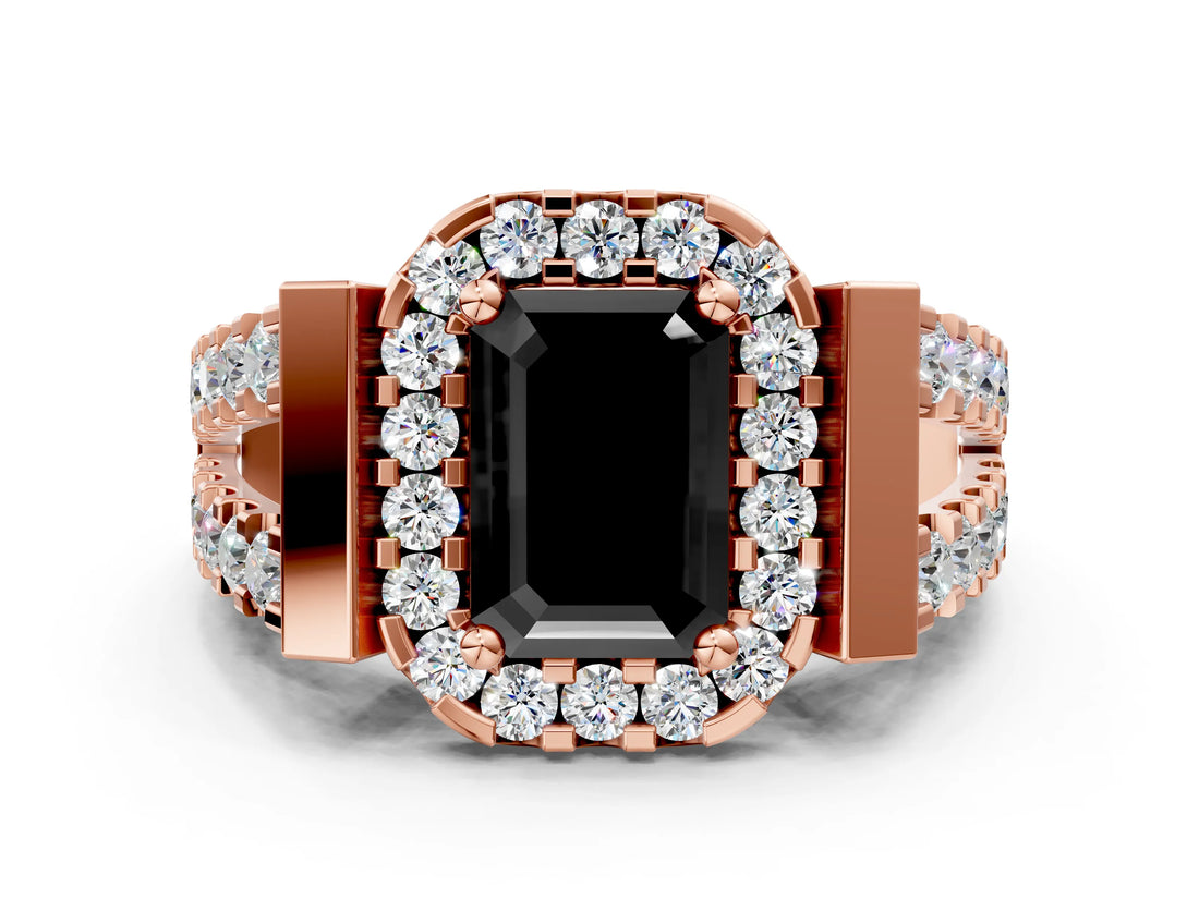 Rose gold Fancy Black Emerald Cut Cut Halo Split Shank Prong Set Ring_12