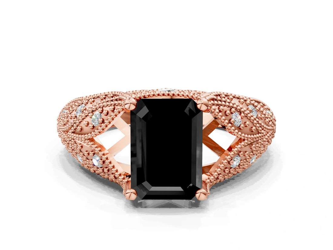 Rose gold Fancy Black Emerald Cut Cut Milgrain Pave Diamond Engagement Ring with Four-Prong Setting_15