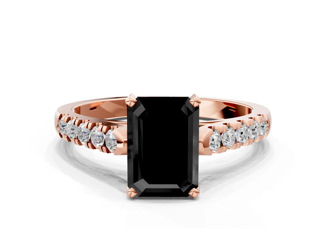 Rose gold Fancy Black Emerald Cut Cut Pavé Band Solitaire Ring with Four-Prong Setting